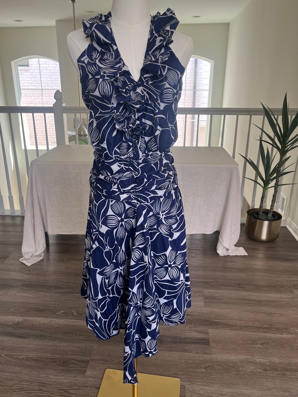 Mason by Michelle Mason Navy & White Floral Ruffle Halter Dress 4